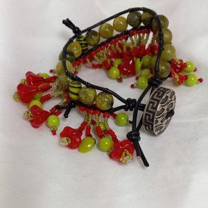 Woven Bracelet with Lime Green Jasper, Jade, Flowers, Fringe and Bees